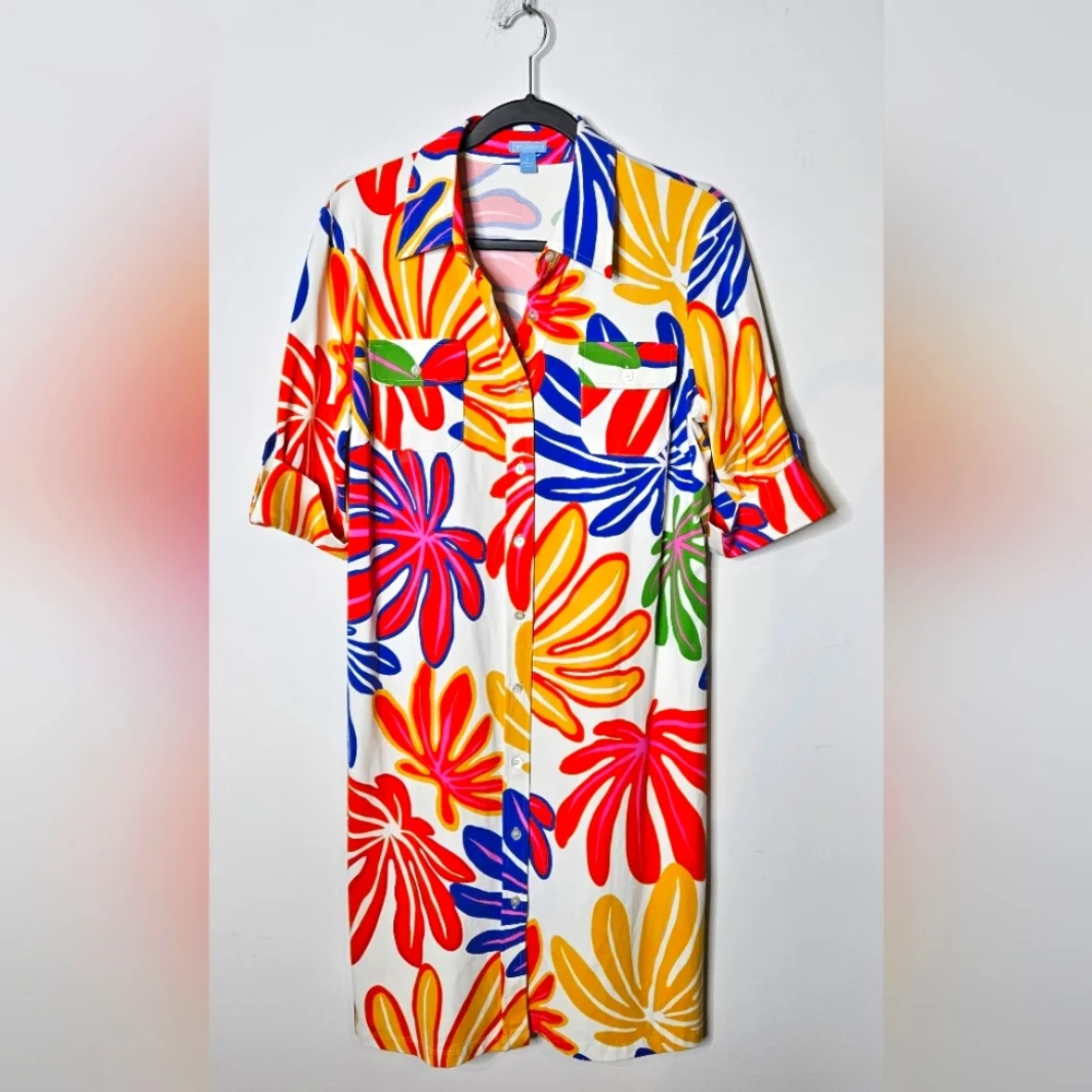 J. McLaughlin Floral Colorful Catalina Cloth Womens LG Collar Shift Dress RARE - Picture 1 of 5